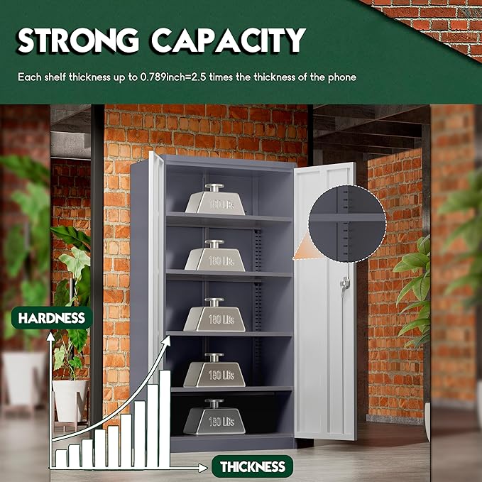 Greenvelly Metal Storage Cabinet with 2 Doors and 4 Adjustable Shelves, Lockable Steel Tool Cabinet for Home, Office, Garage, Classroom (Grey White)