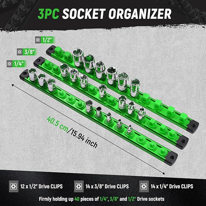 ALOANES Magnetic Socket Organizer Set, 3-Piece Heavy Duty Aluminum Socket Holder Socket Rail Organizer for Tool Box, 360° Swivel Clips Socket Rack 1/4, 3/8, 1/2-Inch x 40 Clips (Green)