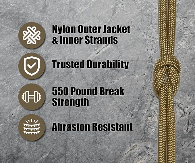 BORED? PARACORD! 550 lb Paracord - Ideal for Crafting, Camping, DIY Projects, Active & Military Outdoors - Strong Survival Rope - Tactical Parachute Cord Type III - Gold 1000 Feet