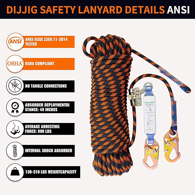 Rope Harness Safety Lanyard 150ft Vertical Roofing Rope with Grab Snap Hooks Shock Absorber Fall Protection Tree Climbing Line Kit Heavy Duty Roof Safety Equipment ANSI CE