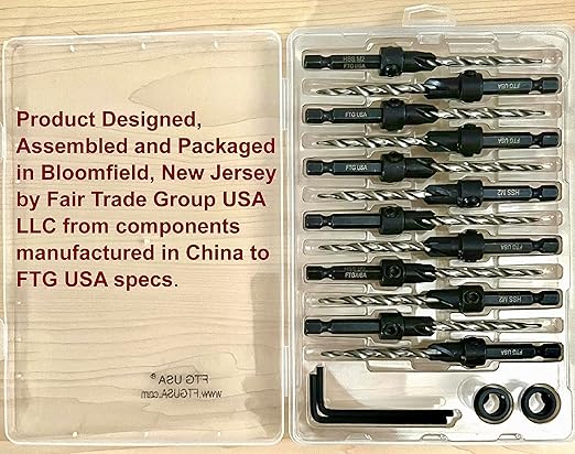 FTG USA 12 Pc #10 (3/16") Countersink Drill Bit Set with Depth Stop Collar, Hex Wrench - Tapered Drill Bits for Wood