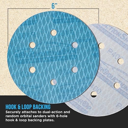 Premium 400 Grit 6" Rhombus Diamond Shape Blue Sanding Discs, 6-Hole, Box of 50 - Hook & Loop Anti-Clogging J-Cloth Dustless Sandpaper for Random Orbital Sanders, Sand Auto Paint, Wood