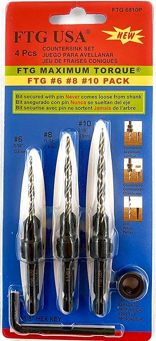 FTG USA Adjustable Wood Countersink Drill Bit Set #6#8#10 with Tapered Drill Bit for Woodworking