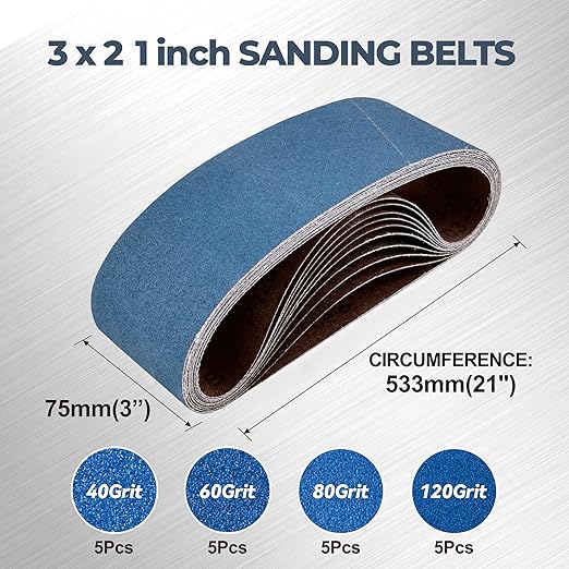 3 x 21 Inch Zirconia Sanding Belts, 20Pcs 5 Each of 40/60/80/120 Assorted Grits, Belt Sander Sanding Belt for Knife Blade Sharpening, Metal Polishing, Derusting, Woodworking