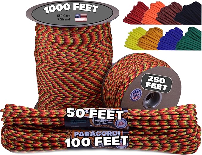 BORED? PARACORD! 550 lb Paracord - Ideal for Crafting, Camping, DIY Projects, Active & Military Outdoors - Strong Survival Rope - Tactical Parachute Cord Type III - Fireball 250 Feet