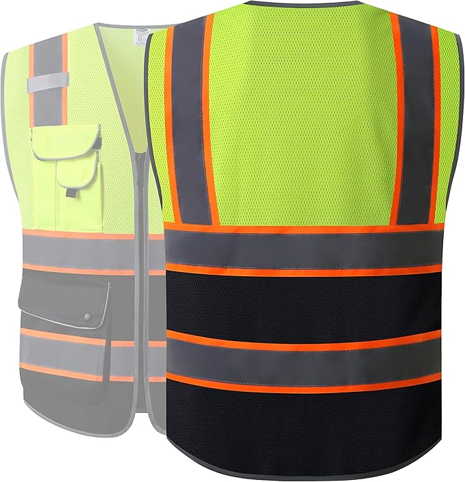 JKSafety 9 Pockets Class 2 High Visibility Dual Color Zipper Front MESH Lite Safety Vest | Orange Color Triming Reflective Strip | ANSI/ISEA Standards (100-Yellow-Black, M)