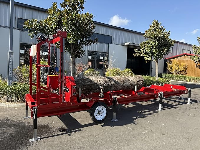 15HP Portable Sawmill - 420cc Gas Engine, 32” x 188.74” Cutting Capacity, 12-8 High Speed Tire, 8 jacks, Heavy-Duty Steel, 2 safety hooks, Quick-Adjust Sawhead - Ideal for Home, Farm & Business