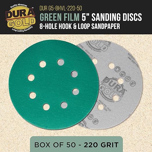 Dura-Gold Premium 220 Grit 5" Green Film Sanding Discs, 8-Hole Pattern, Box of 50 - Dustless Hook & Loop Backing Sandpaper for DA & Random Orbital Sanders, Sand Automotive Paint Woodworking Furniture