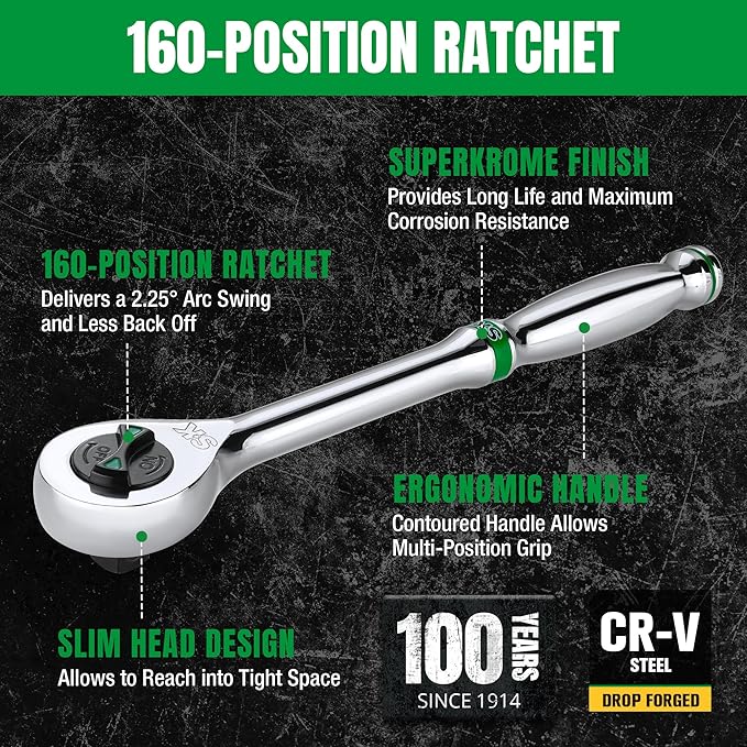 SK 3/8" Drive Ratchet Handle, 160-Position 2 Pawl Ratchet, Premium CR-V Construction, with Contoured Handle