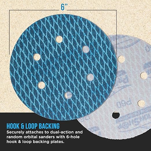 Premium 60 Grit 6" Rhombus Diamond Shape Blue Sanding Discs, 6-Hole, Box of 50 - Hook & Loop Anti-Clogging J-Cloth Dustless Sandpaper for Random Orbital Sanders, Sand Auto Paint, Wood