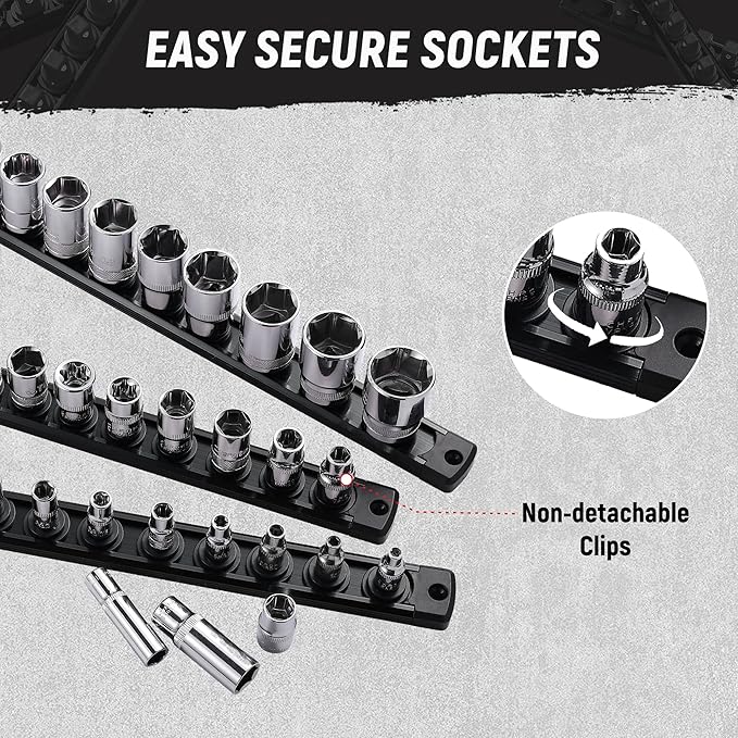 ALOANES Magnetic Socket Organizer, 1/4-Inch Drive Aluminum Socket Holder Socket Tray, Heavy Duty Socket Rail Organizer for Tool Box Drawer, 360°Swivel Clips Socket Rack 1/4-Inch x 14 Clips (Black)