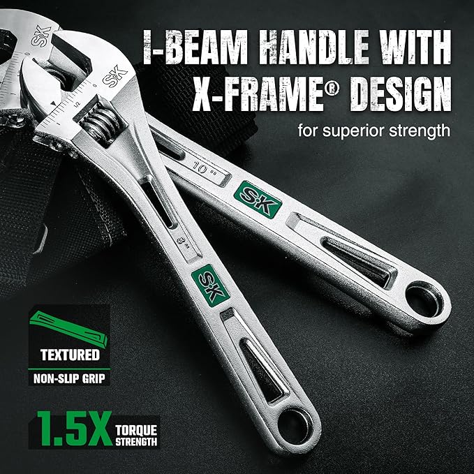 SK 3-Piece Adjustable Wrench Set, 6-Inch, 8-Inch, 10-Inch, Cr-V Steel, SAE & Metric Scales