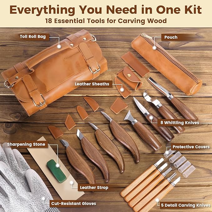 18PCS Wood Carving Kit for Beginners & Enthusiasts – Whittling Knife Set with Toll Roll Tote, Safety Gloves, Sharpening Stone, Leather Strop – Wood Carving Tools Set