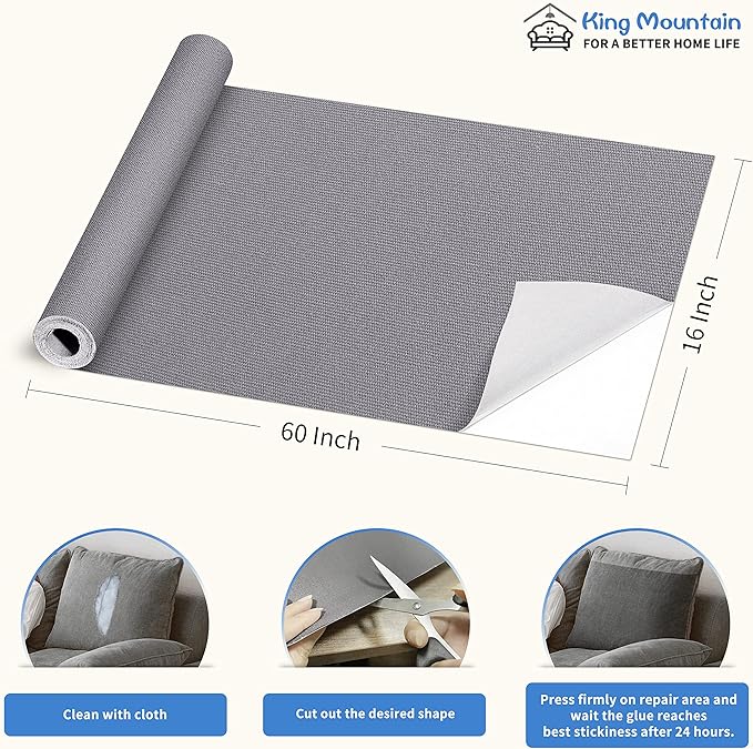 KING MOUNTAIN Canvas Repair Patch 16×60 Inch Self-Adhesive Waterproof Fabric Patch for Sofas, Tents, Furniture,Tote Bags, Car Seats (Grey)