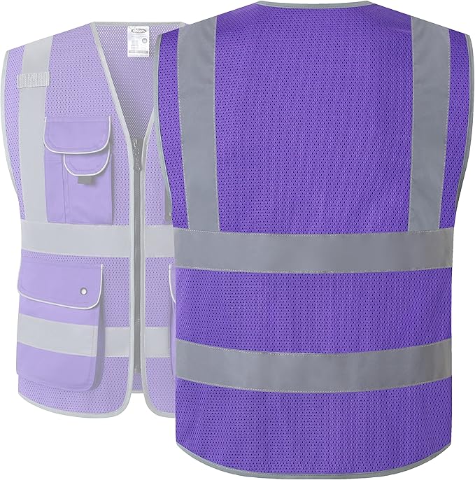 JKSafety 9 Pockets High Visibility Safety Vest for Men and Women, Hi-Vis Reflective Purple Safety Vests with Zipper Front, Meet ANSI/ISEA Standards (159-Purple 5XL)