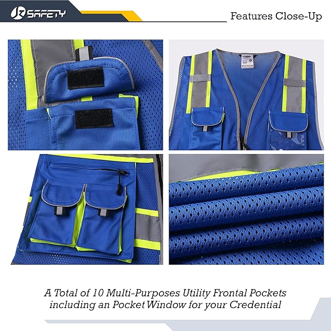 JKSafety 10 Pockets Hi-Vis Neon Color Frontal Zipper Mesh Safety Vest for Men Women Safety Utility for works Comply to ANSI/ISEA Standards (86-Blue XL)