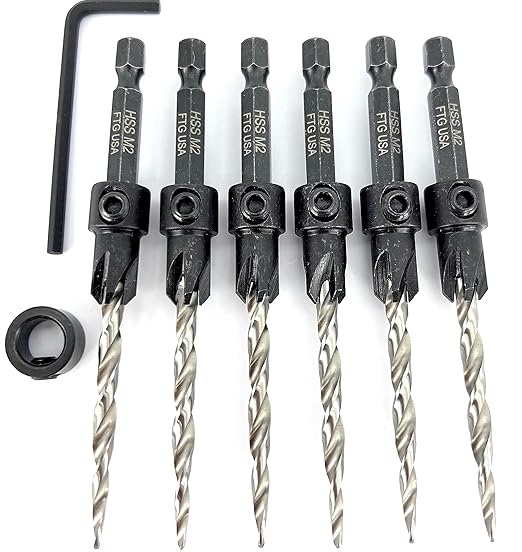FTG USA Countersink Drill Bit Set for Wood with Tapered Drill Bit 6 Pc #10 (3/16")