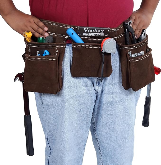 VEEKAY Brown Leather Tool Belt 11 Pocket Suede with 2-Inch Wide Nylon Belt & Pouch, Fits 32" to 50" Waist – Durable for Construction, Carpenters, and Framers