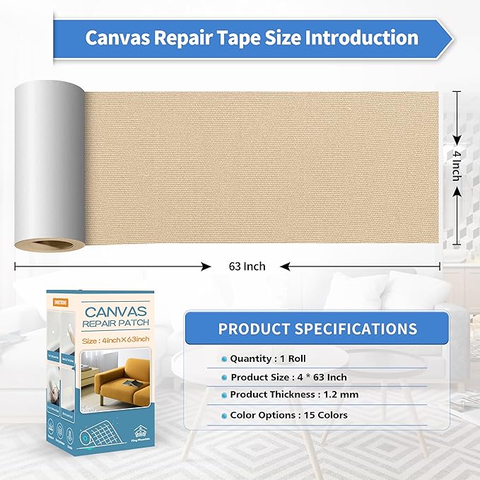 KING MOUNTAIN Canvas Repair Tape,Outdoor Gear Patch, 4×63 Inches,Waterproof,Self-Adhesive for Repairing Boat Covers,Sun Shades,Sofas,Tents,Lounge Chairs,Awnings (Khaki)