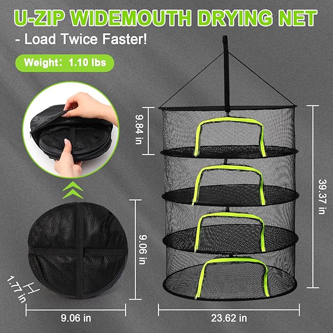 LUKETURE 4-Layer Herb Drying Rack Hanging Mesh Net,Windproof Drying Rack w/U-Zipper Design & Hook - Foldable & Collapsible for Plants, Herbs, Flowers, Fish, Clothes | Save Space | Natural Drying