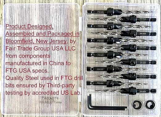 FTG USA Countersink Drill Bit Set for Wood with Tapered Drill Bit 6 Pc #8 (11/64"), 6 Pc #10 (3/16")