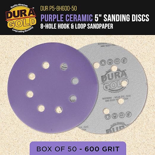 Dura-Gold Premium 600 Grit 5" Purple Film Ceramic Sanding Discs, 8-Hole Pattern, Box of 50 - Dustless Hook & Loop Backing Sandpaper for DA & Random Orbital Sanders - Sand Auto Paint, Wood, Woodworking