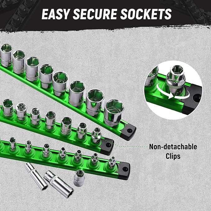 ALOANES Magnetic Socket Organizer Set, 6-Piece Heavy Duty Aluminum Socket Holder Socket Rail Organizer for Tool Box, 360° Swivel Clips Socket Rack 1/4, 3/8, 1/2-Inch x 80 Clips (Green)