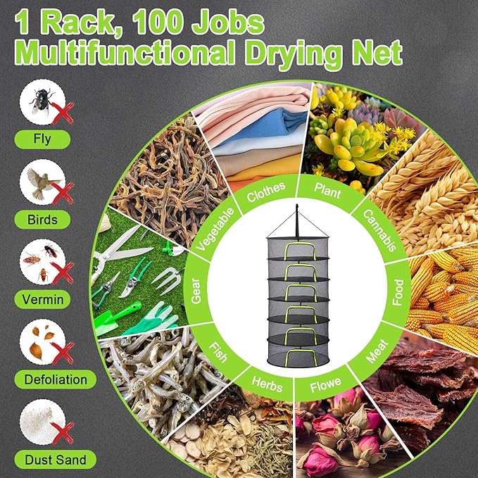 LUKETURE 6-Layer Herb Drying Rack Hanging Mesh Net,Windproof Drying Rack w/U-Zipper Design & Hook - Foldable & Collapsible for Plants, Herbs, Flowers, Fish, Clothes | Save Space | Natural Drying