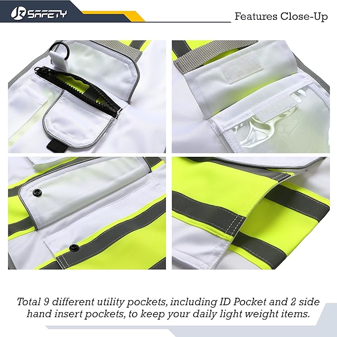 JKSafety 9 Pockets High Visibility Zipper Front Safety Vest | White with Dual Tone High Reflective Strips | Meets ANSI/ISEA Standards (901-White, X-Large)