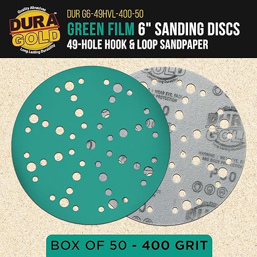 Dura-Gold Premium 400 Grit 6" Green Film Sanding Discs, 49-Hole Pattern, Box of 50 - Heavy-Duty Dustless Hook & Loop Backing Sandpaper for DA & Random Orbital Sanders, Sand Auto Paint, Wood Furniture