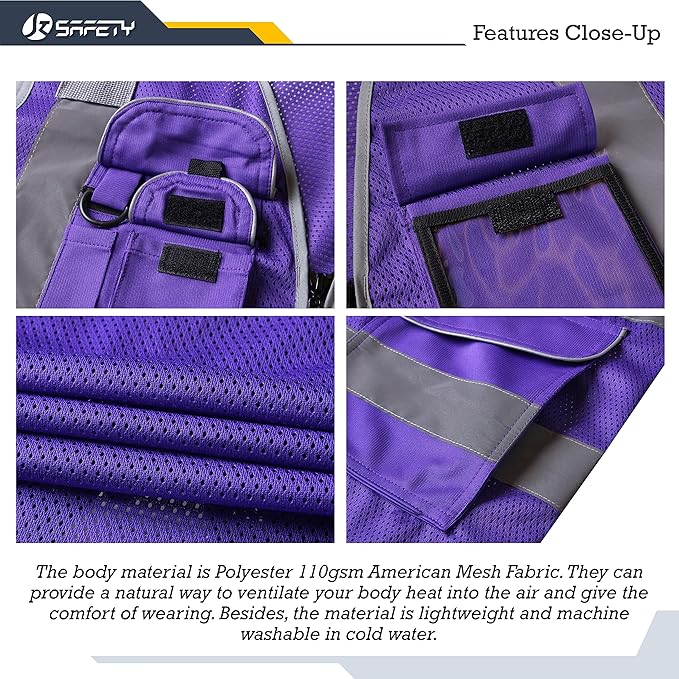 JKSafety 9 Pockets High Visibility Safety Vest for Men and Women, Hi-Vis Reflective Purple Safety Vests with Zipper Front, Meet ANSI/ISEA Standards (159-Purple 5XL)