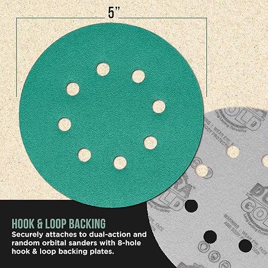 Dura-Gold Premium 80 Grit 5" Green Film Sanding Discs, 8-Hole Pattern, Box of 50 - Dustless Hook & Loop Backing Sandpaper for DA & Random Orbital Sanders, Sand Automotive Paint Woodworking Furniture
