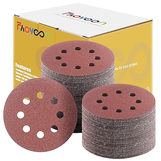 Sanding Disc 5 Inch 8 Hole, 100 Pcs Orbital Sanding Discs Hook and Loop, Sandpaper for Wood, 60 Grit Sand Paper for Random Orbital Sander
