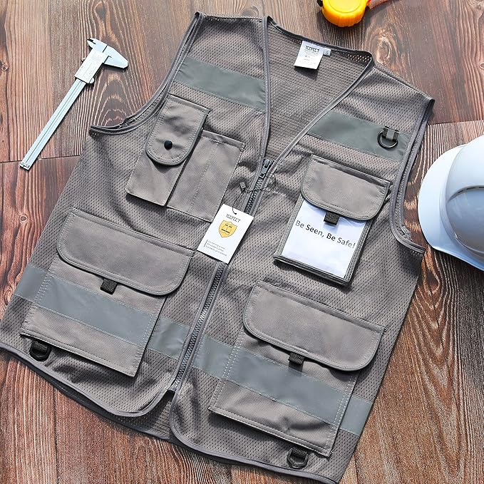 TCCFCCT Mesh Grey Safety Vest for Men Women 9 Pockets High Visibility Vest for Safety, Reflective Vest for Construction Work, Hi Vis Vest with Reflective Strips, Meet ANSI/ISEA Standards, Large