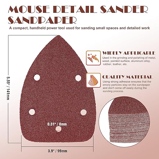 60 Grit Mouse Sander Sandpaper, Jamiikury 5 Hole Detail Sander Sandpaper Palm Sander Paper Mouse Sanding Pads Hook and Loop Sanding Sheets - Pack of 50