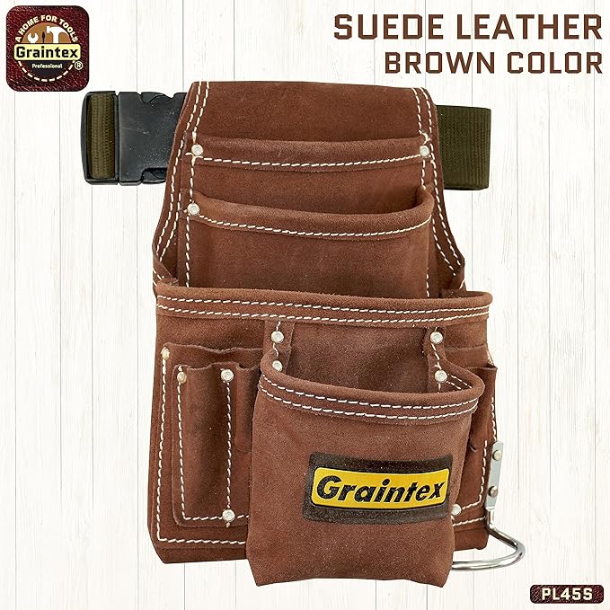 Graintex PL45S 10 Pocket Nail and Tool Pouch Suede Leather with 2" Webbing Belt