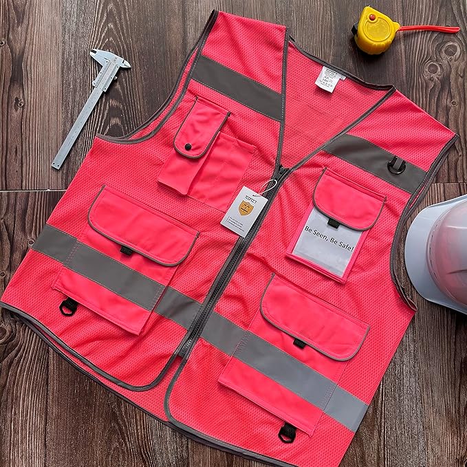 TCCFCCT Mesh Safety Vest for Men Women 9 Pockets High Visibility Reflective Vest for Safety, Work Vest with Reflective Strips, Meets ANSI/ISEA Standards, (Pink, X-Large)