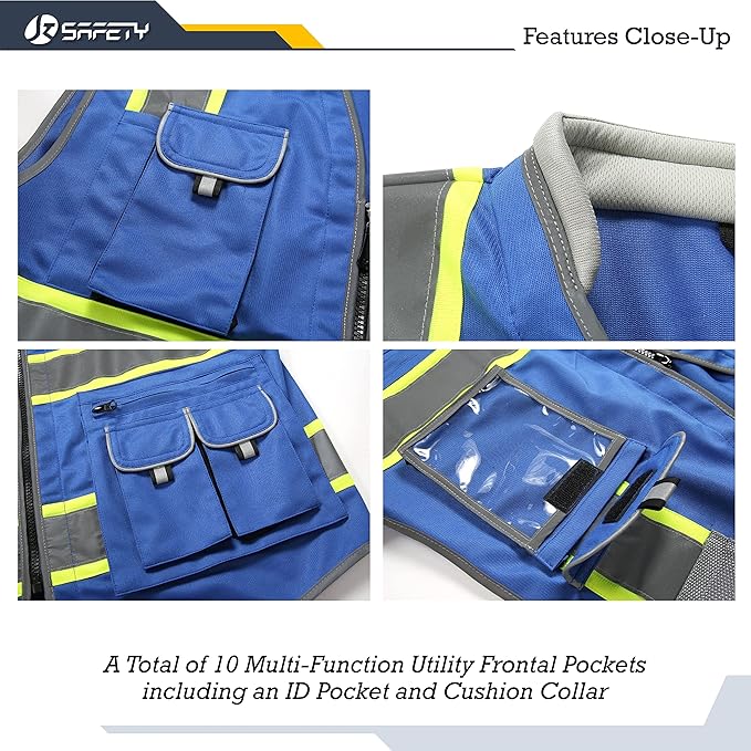 JKSafety 10 Pockets Hi-Vis Zipper Front Fluorescent Blue Safety Vest | Cushioned Collar | High Reflective Tapes with Extended Neon Yellow Strips | Meets ANSI/ISEA Standards (X-Large, 89-Blue)