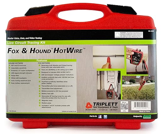 Triplett 3388 Fox & Hound HotWire Live Wire Tone and Probe Wire Tracing Kit with Adjustable Sensitivity - Traces Wires from 0 ~ 250 VAC and up to 1000 ft,Black