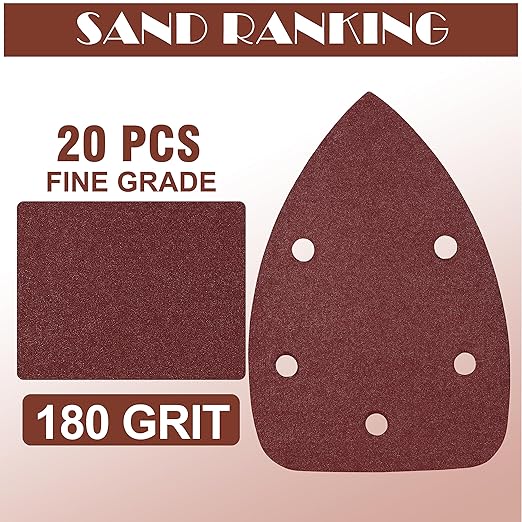 180 Grit Mouse Sander Sandpaper, Jamiikury 5 Hole Detail Sander Sandpaper Palm Sander Paper Mouse Sanding Pads Hook and Loop Sanding Sheets - Pack of 20