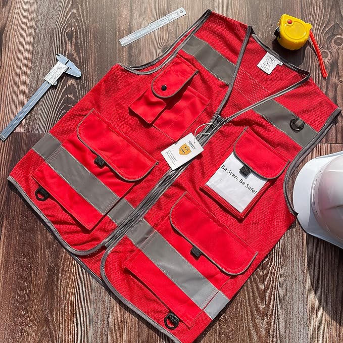 TCCFCCT Mesh Hi Vis Vest 9 Pockets High Visibility Reflective Safety Vest for Men Women, Safety Construction Vest with Reflective Strips, Meets ANSI/ISEA Standards, (Red, Medium)