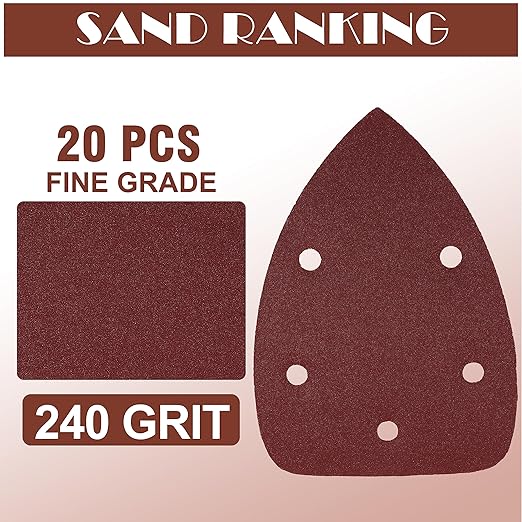 240 Grit Mouse Sander Sandpaper, Jamiikury 5 Hole Detail Sander Sandpaper Palm Sander Paper Mouse Sanding Pads Hook and Loop Sanding Sheets - Pack of 20