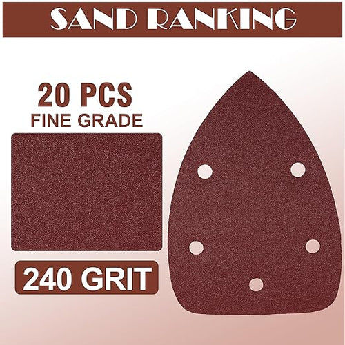 240 Grit Mouse Sander Sandpaper, Jamiikury 5 Hole Detail Sander Sandpaper Palm Sander Paper Mouse Sanding Pads Hook and Loop Sanding Sheets - Pack of 20