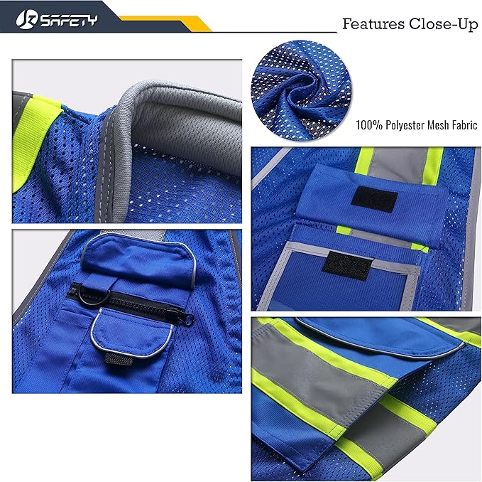JKSafety 9 Pockets Hi-Vis Safety Vest Breathable Mesh Fabric Cushioned Collar Work Utility PPE Lightweight Industrial Work Gear ANSI/ISEA compliant (101-Blue XXL)