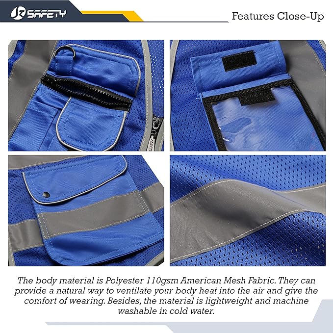JKSafety 9 Pockets High Visibility Safety Vest for Men and Women, Hi-Vis Reflective Blue Safety Vests with Zipper Front, Meet ANSI/ISEA Standards (159-Blue 4XL)