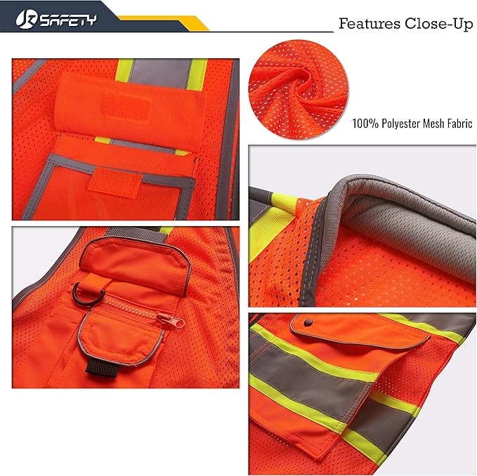 JKSafety 9 Pockets Hi-Vis Safety Vest Breathable Mesh Fabric Cushioned Collar Work Utility PPE Lightweight Industrial Work Gear ANSI/ISEA compliant (101-Orange XXL)