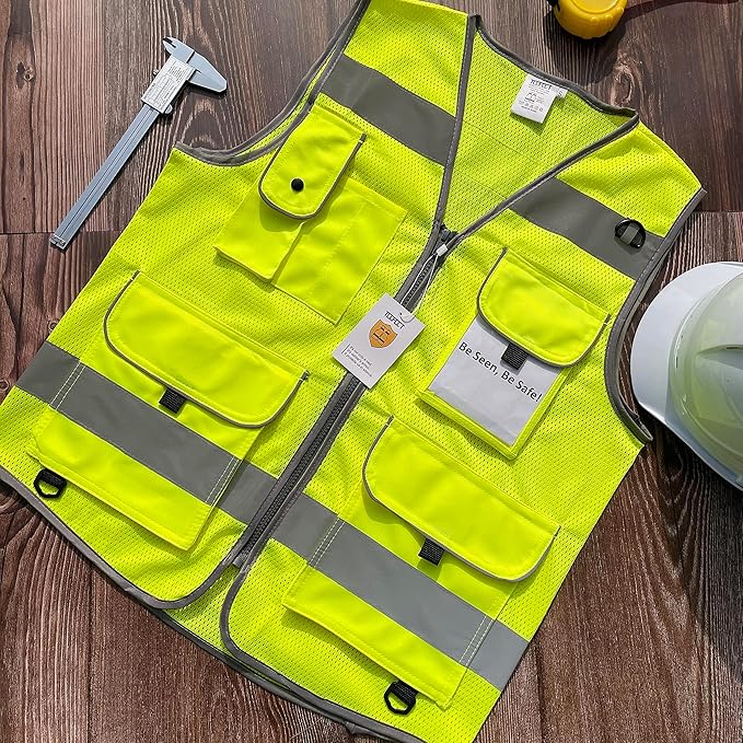 TCCFCCT Mesh High Visibility Vest 9 Pockets Hi Vis Reflective Safety Vest for Men Women, Construction Vest with Reflective Strips, Meets ANSI/ISEA Standards, (Yellow, Small)