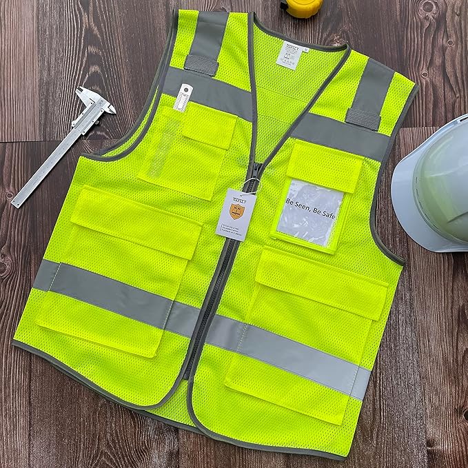 TCCFCCT High Visibility Reflective Safety Vest with 5 Pockets, ANSI/ISEA Class 2, Mesh-yellow-wolf 02, Medium