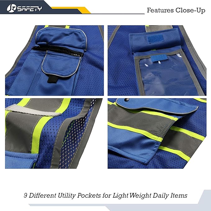 JKSafety 9 Pockets High Visibility Zipper Front MESH Blue Safety Vest | Blue with Dual Tone High Reflective Strips | ANSI/ISEA Standards (100-Blue, 3XL)