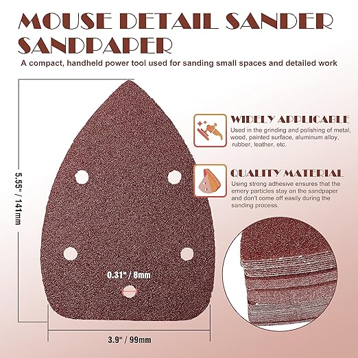50pcs Mouse Sander Sandpaper Assortment Kit, 5 Hole Detail Sander Sandpaper Palm Sander Paper Mouse Sanding Pads Hook and Loop Sanding Sheets - 40/80/120/180/240 Grit
